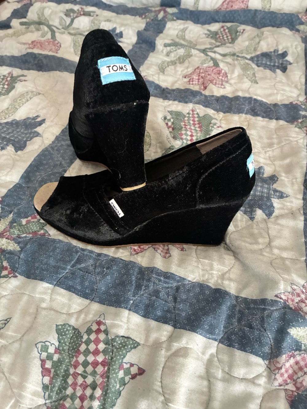 TOMS Black Velvet Peep-Toe Wedge Heels